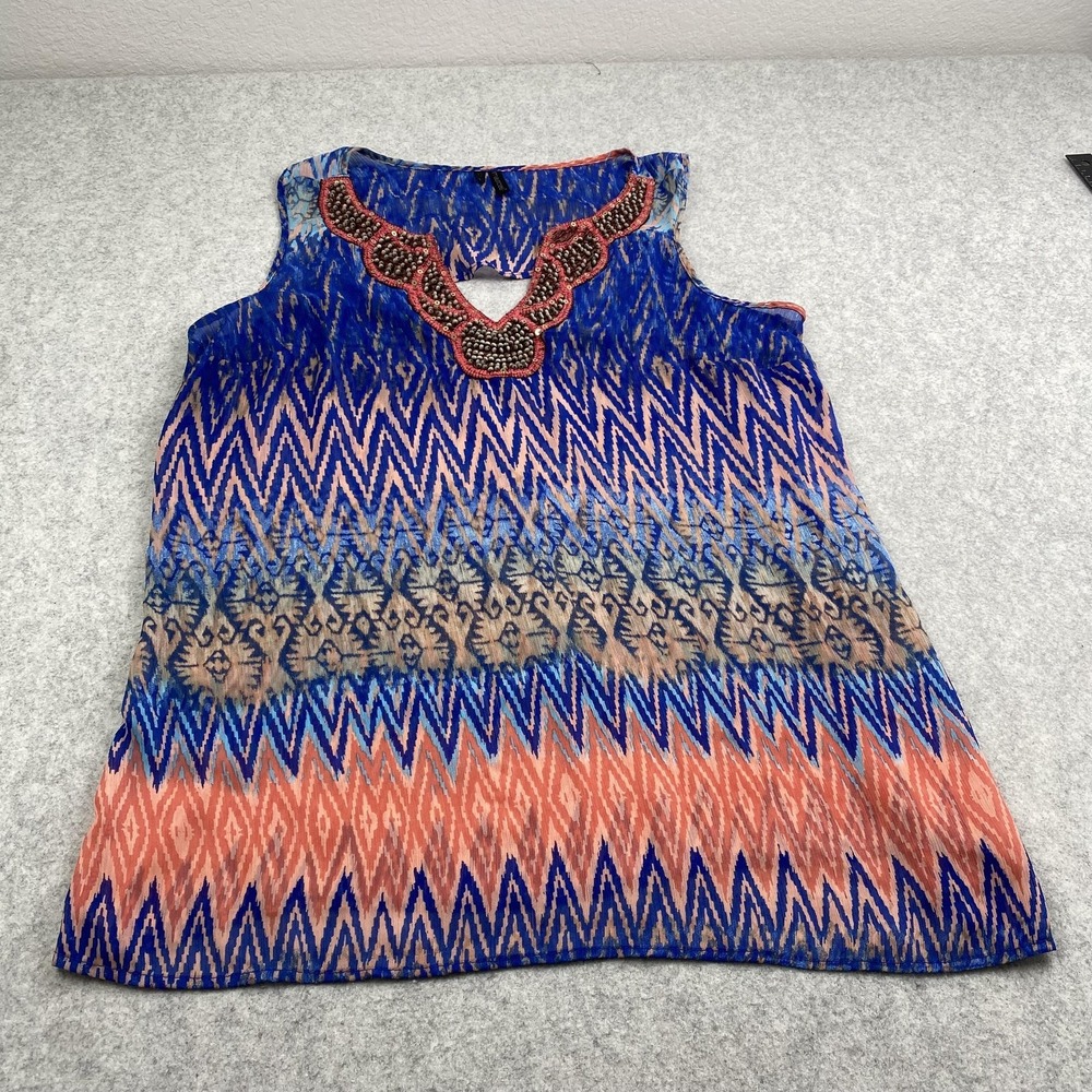 Maurices Tank Top Womens 1 Plus Blue Geometric Beaded V Neck Tunic Sheer